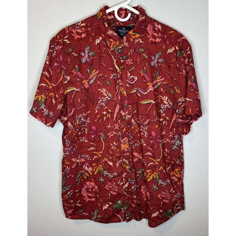 Men’s American Eagle Tropical Shirt Sleeve Button Front Shirt Red XL Classic Fit